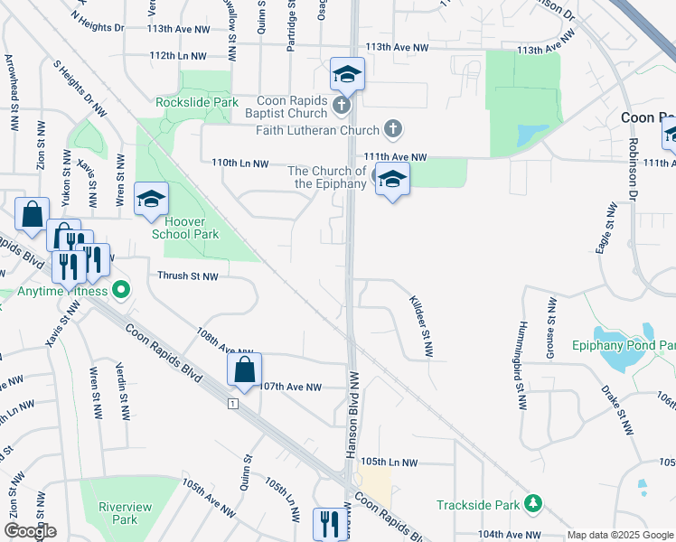 map of restaurants, bars, coffee shops, grocery stores, and more near 10856 Hanson Boulevard Northwest in Coon Rapids