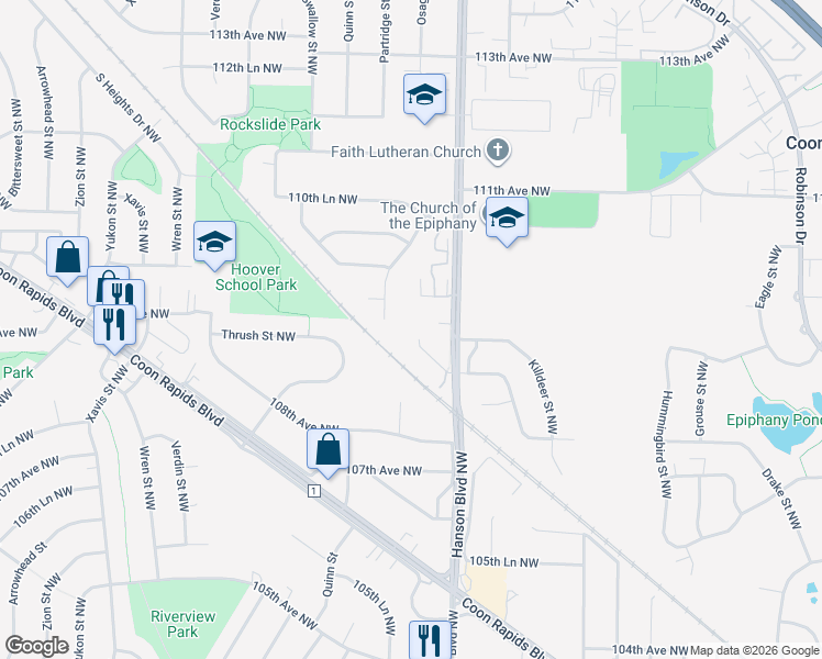 map of restaurants, bars, coffee shops, grocery stores, and more near 2044 108th Lane Northwest in Coon Rapids