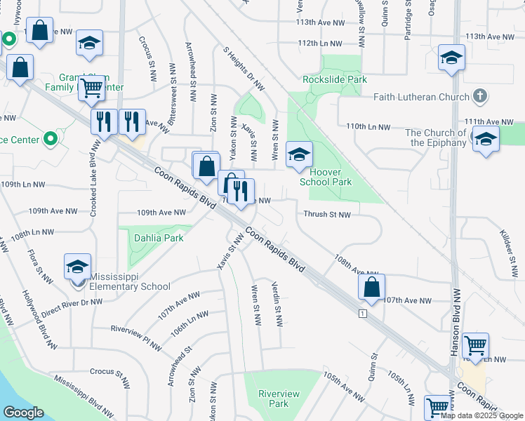 map of restaurants, bars, coffee shops, grocery stores, and more near 10890 Xavis Street Northwest in Minneapolis