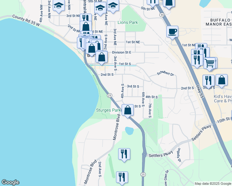 map of restaurants, bars, coffee shops, grocery stores, and more near 305 4th Avenue South in Buffalo