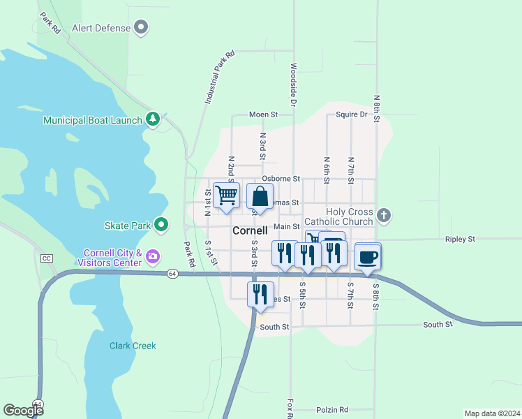 map of restaurants, bars, coffee shops, grocery stores, and more near 117 North 3rd Street in Cornell