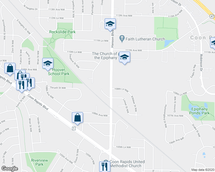 map of restaurants, bars, coffee shops, grocery stores, and more near 10856 Hanson Boulevard Northwest in Coon Rapids
