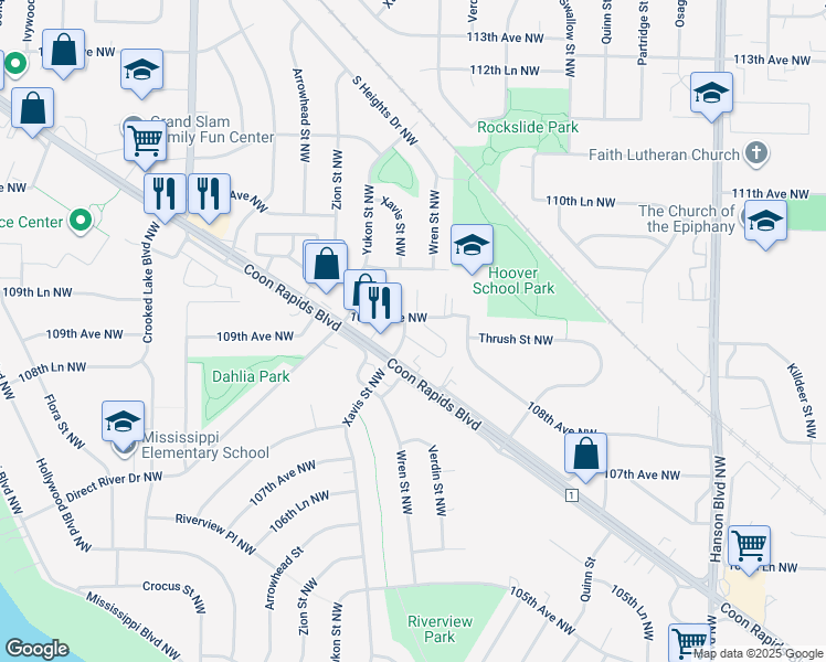 map of restaurants, bars, coffee shops, grocery stores, and more near 10890 Xavis Street Northwest in Minneapolis