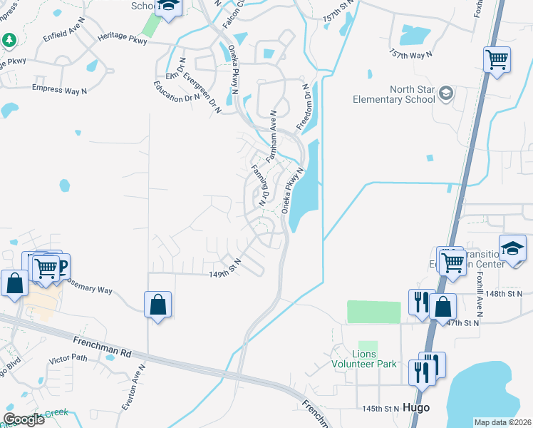 map of restaurants, bars, coffee shops, grocery stores, and more near 5146 Fairpoint Drive North in Hugo