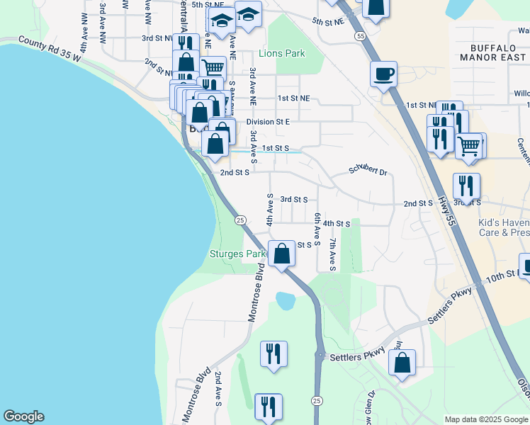 map of restaurants, bars, coffee shops, grocery stores, and more near 305 4th Ave S in Buffalo