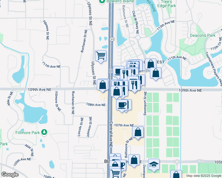 map of restaurants, bars, coffee shops, grocery stores, and more near Central Ave NE & 109th Ave NE in Blaine