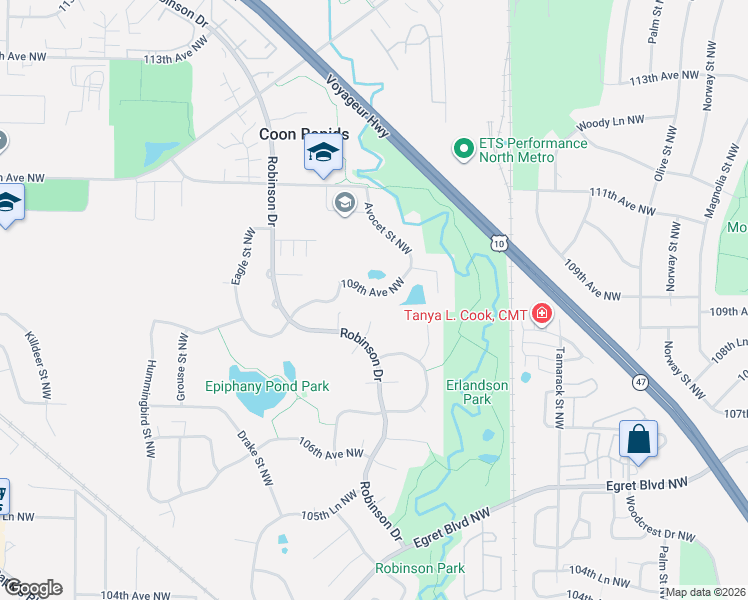 map of restaurants, bars, coffee shops, grocery stores, and more near 1314 109th Avenue Northwest in Coon Rapids