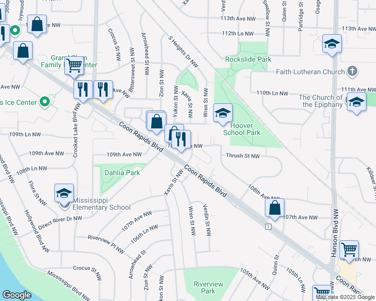 map of restaurants, bars, coffee shops, grocery stores, and more near 10890 Xavis Street Northwest in Minneapolis