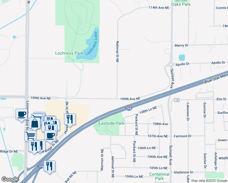 map of restaurants, bars, coffee shops, grocery stores, and more near 10900 National Street Northeast in Blaine