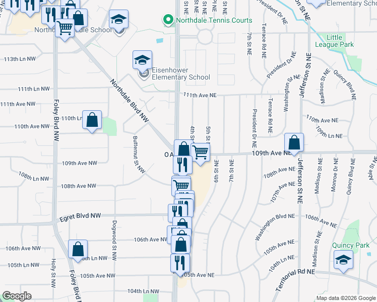 map of restaurants, bars, coffee shops, grocery stores, and more near 10902 4th Street Northeast in Blaine