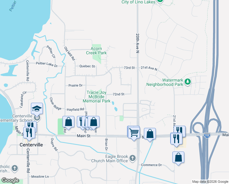 map of restaurants, bars, coffee shops, grocery stores, and more near 1943 72nd Street in Centerville