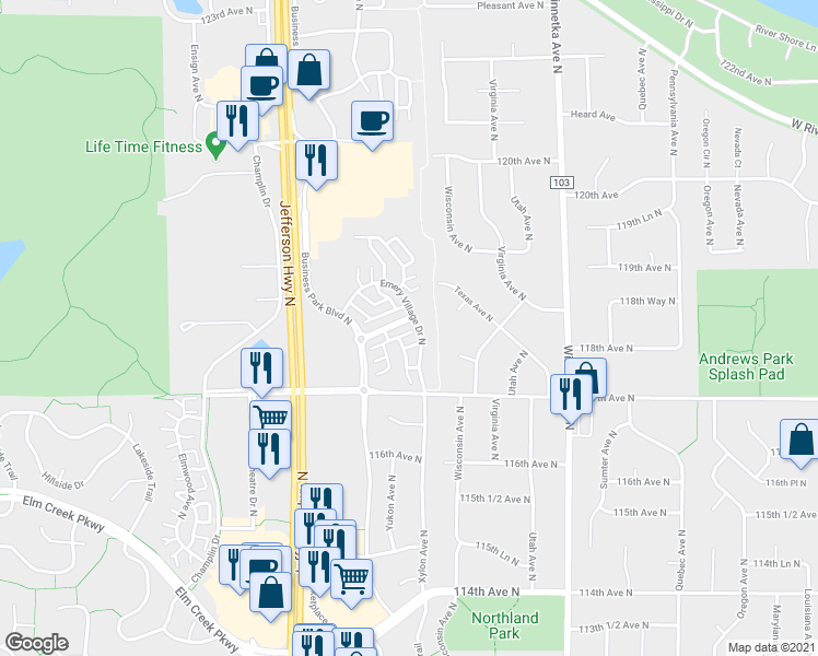 map of restaurants, bars, coffee shops, grocery stores, and more near 8301 Emery Parkway North in Champlin