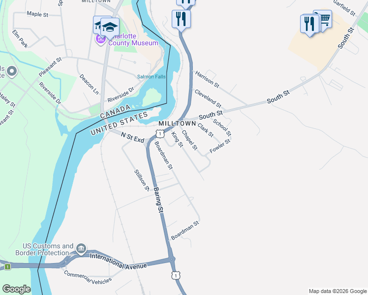 map of restaurants, bars, coffee shops, grocery stores, and more near 16 King Street in Calais