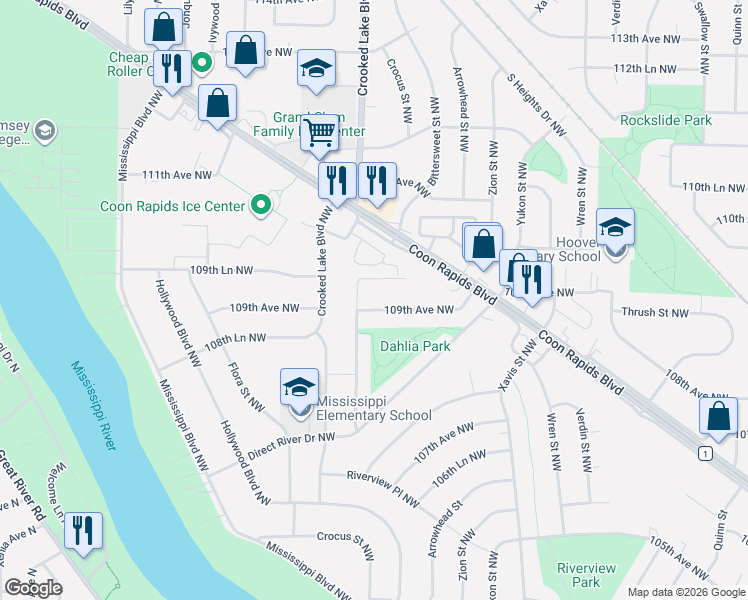 map of restaurants, bars, coffee shops, grocery stores, and more near 2730 109th Avenue Northwest in Coon Rapids