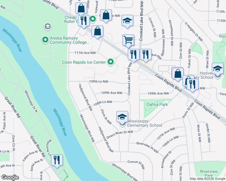 map of restaurants, bars, coffee shops, grocery stores, and more near 2940 109th Avenue Northwest in Coon Rapids