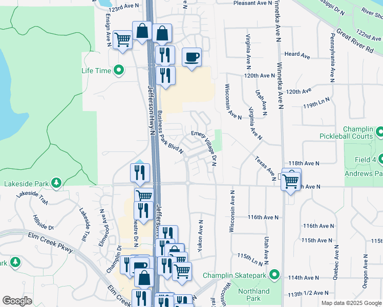 map of restaurants, bars, coffee shops, grocery stores, and more near 8509 Emery Parkway North in Champlin