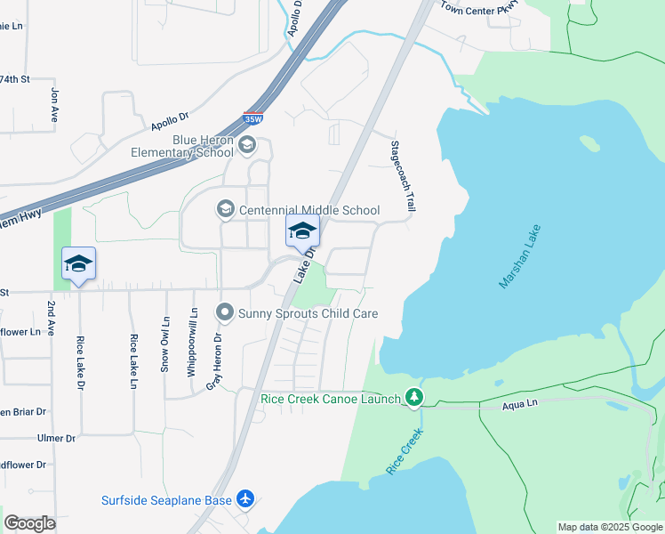 map of restaurants, bars, coffee shops, grocery stores, and more near 7204 Lake Drive in Circle Pines