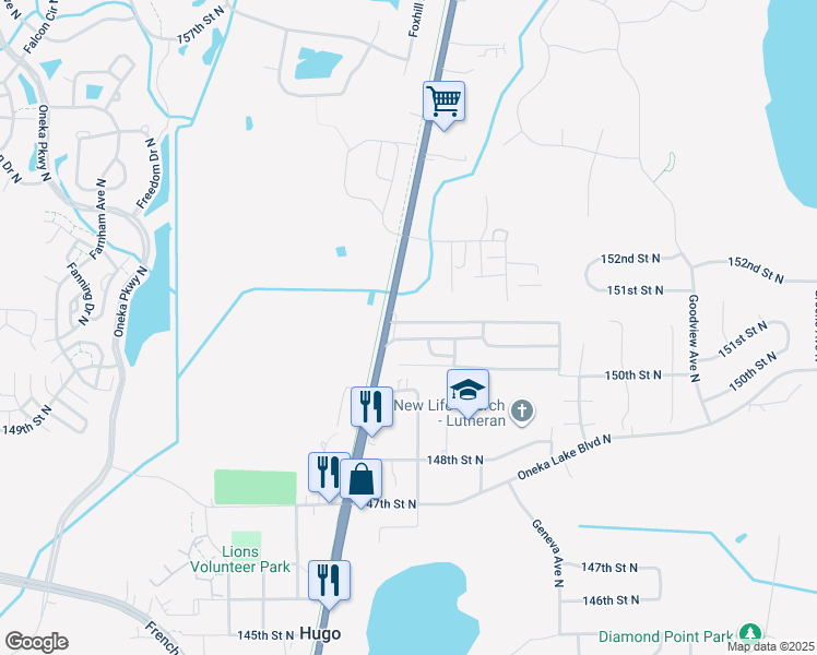 map of restaurants, bars, coffee shops, grocery stores, and more near 15057 Forest Boulevard North in Hugo