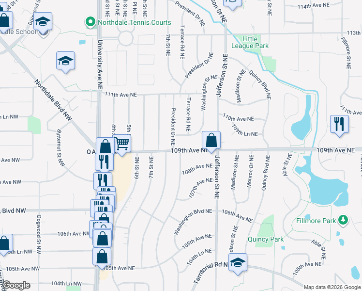 map of restaurants, bars, coffee shops, grocery stores, and more near 260 109th Avenue Northeast in Blaine