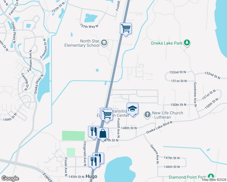 map of restaurants, bars, coffee shops, grocery stores, and more near 15057 Forest Boulevard North in Hugo