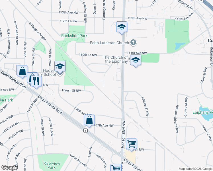 map of restaurants, bars, coffee shops, grocery stores, and more near 2044 108th Lane Northwest in Coon Rapids