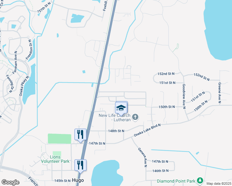 map of restaurants, bars, coffee shops, grocery stores, and more near 15057 Forest Boulevard North in Hugo