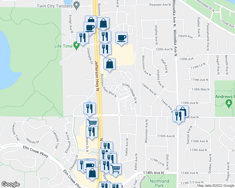 map of restaurants, bars, coffee shops, grocery stores, and more near 11941 Emery Village Drive in Champlin