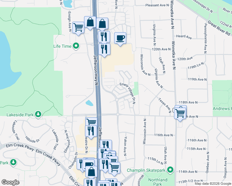map of restaurants, bars, coffee shops, grocery stores, and more near 8509 Emery Parkway North in Champlin