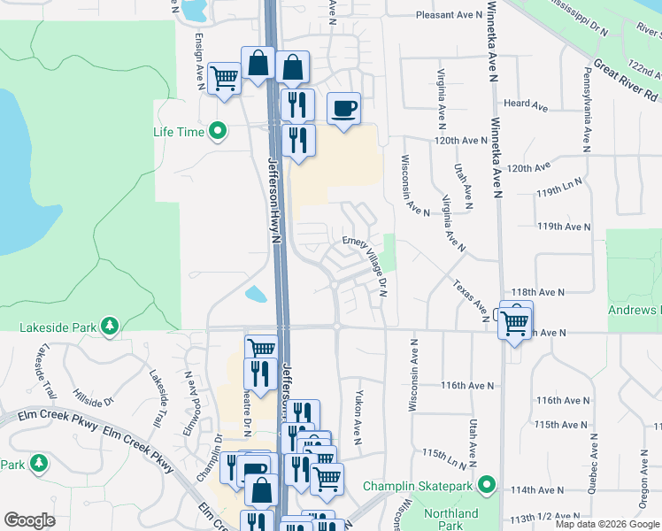 map of restaurants, bars, coffee shops, grocery stores, and more near 8509 Emery Parkway North in Champlin
