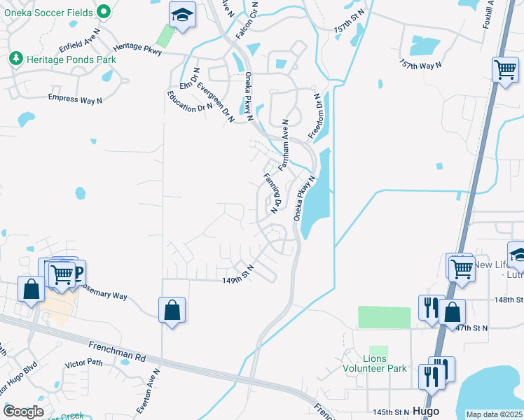 map of restaurants, bars, coffee shops, grocery stores, and more near 15098 Fanning Drive North in Hugo