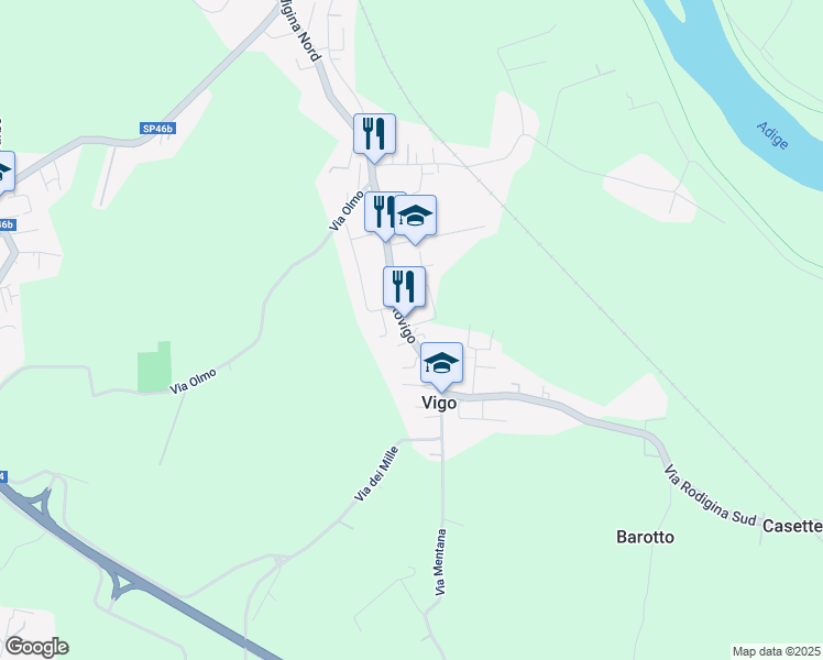 map of restaurants, bars, coffee shops, grocery stores, and more near 74 Via Rovigo in Legnago