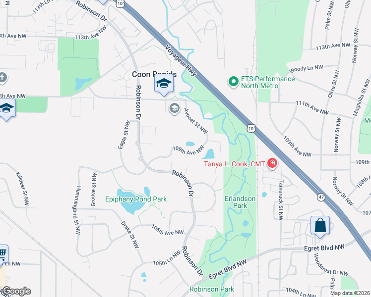 map of restaurants, bars, coffee shops, grocery stores, and more near 1314 109th Avenue Northwest in Coon Rapids