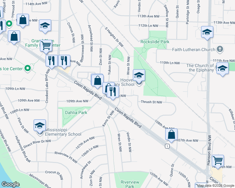 map of restaurants, bars, coffee shops, grocery stores, and more near 10890 Xavis Street Northwest in Minneapolis