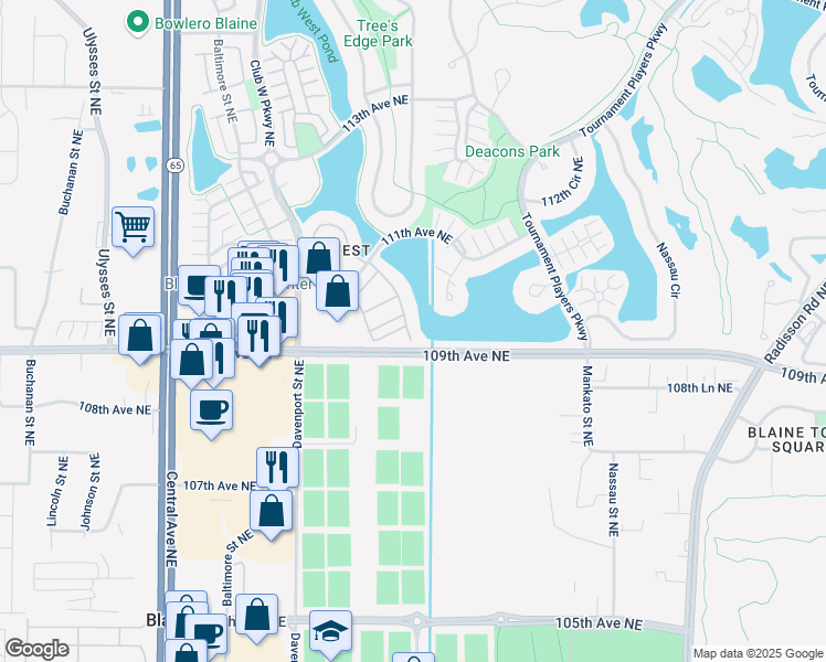 map of restaurants, bars, coffee shops, grocery stores, and more near 10911 Goodhue Street Northeast in Blaine