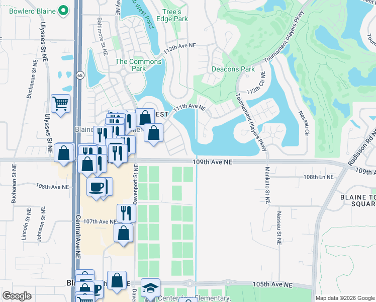 map of restaurants, bars, coffee shops, grocery stores, and more near 10911 Goodhue Street Northeast in Blaine