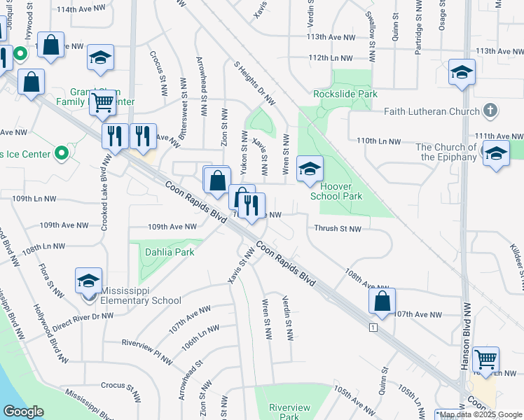 map of restaurants, bars, coffee shops, grocery stores, and more near 10890 Xavis Street Northwest in Minneapolis