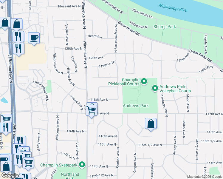 map of restaurants, bars, coffee shops, grocery stores, and more near 7609 119th Avenue North in Champlin