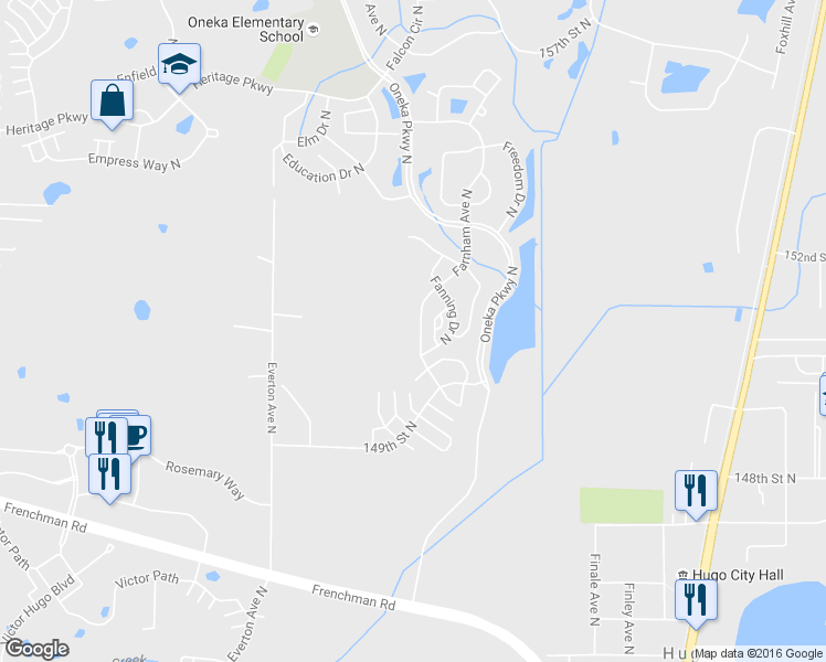 map of restaurants, bars, coffee shops, grocery stores, and more near 15096 Farnham Avenue North in Hugo
