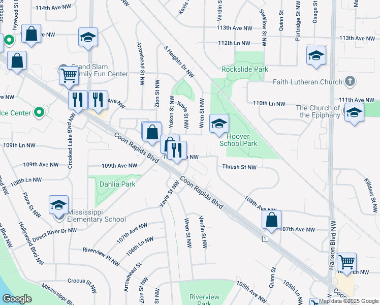 map of restaurants, bars, coffee shops, grocery stores, and more near 2460 110th Avenue Northwest in Coon Rapids