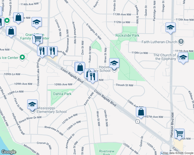 map of restaurants, bars, coffee shops, grocery stores, and more near 2451 109th Avenue Northwest in Coon Rapids