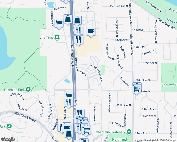 map of restaurants, bars, coffee shops, grocery stores, and more near 11923 Emery Village Drive North in Champlin