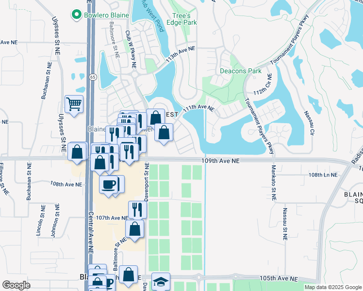 map of restaurants, bars, coffee shops, grocery stores, and more near 10970 Goodhue Street Northeast in Blaine