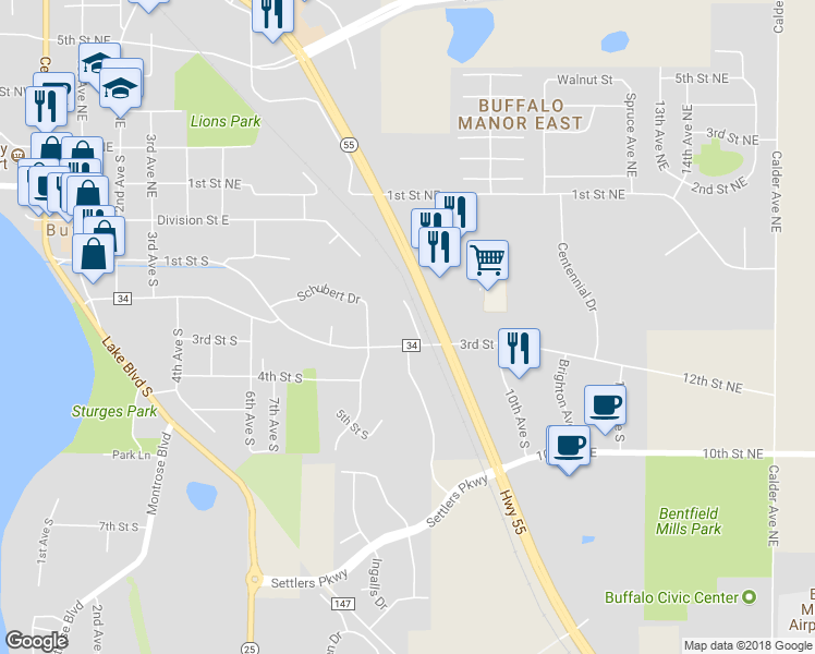 map of restaurants, bars, coffee shops, grocery stores, and more near 811 Creekside Circle in Buffalo