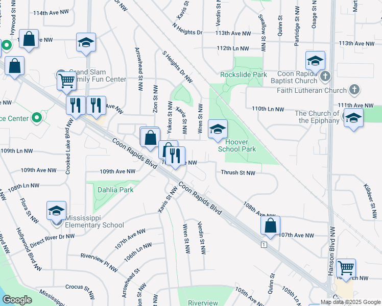 map of restaurants, bars, coffee shops, grocery stores, and more near 2460 110th Avenue Northwest in Coon Rapids