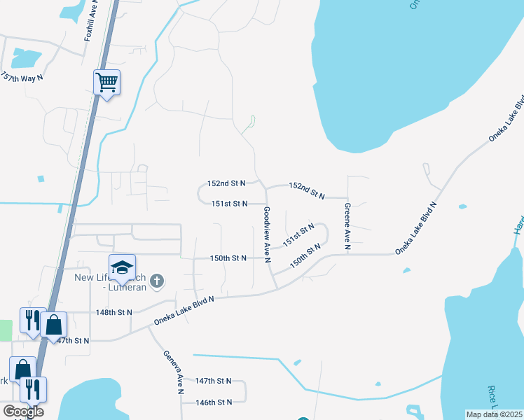 map of restaurants, bars, coffee shops, grocery stores, and more near 6294 151st Street North in Hugo