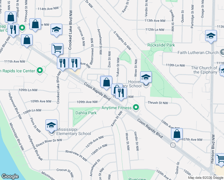 map of restaurants, bars, coffee shops, grocery stores, and more near 10951 Yukon Street Northwest in Coon Rapids
