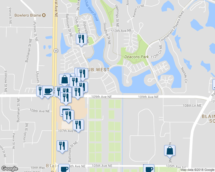 map of restaurants, bars, coffee shops, grocery stores, and more near 10961 Fergus Street Northeast in Blaine