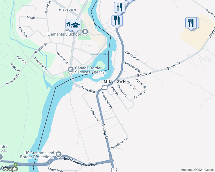 map of restaurants, bars, coffee shops, grocery stores, and more near 305 North Street in Calais