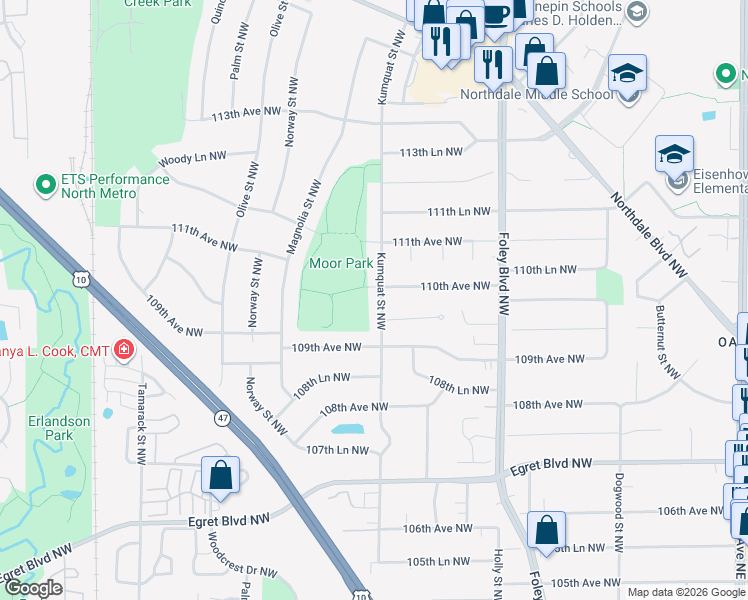 map of restaurants, bars, coffee shops, grocery stores, and more near 10960 Kumquat Street Northwest in Minneapolis