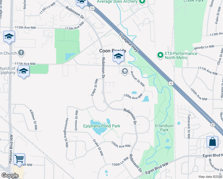 map of restaurants, bars, coffee shops, grocery stores, and more near 10958 Bluebird Street Northwest in Minneapolis